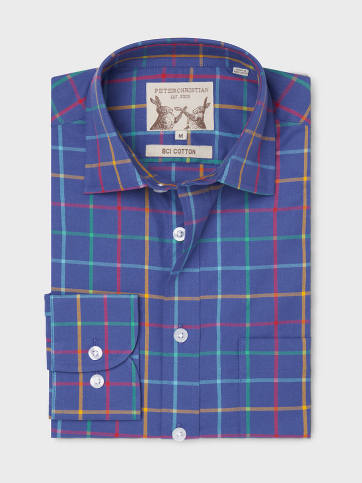 Mens Blue Check Colorful Tattersall Cotton Shirt Folded