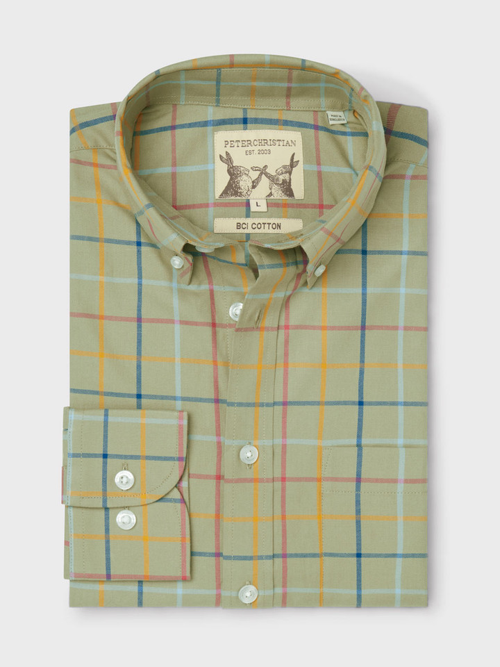 Mens Green Button Down Check Colorful Tattersall Cotton Shirt Folded