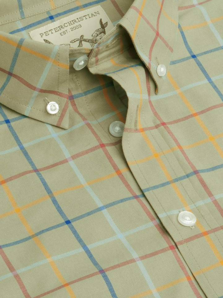 Mens Green Button Down Check Colorful Tattersall Cotton Shirt Collar