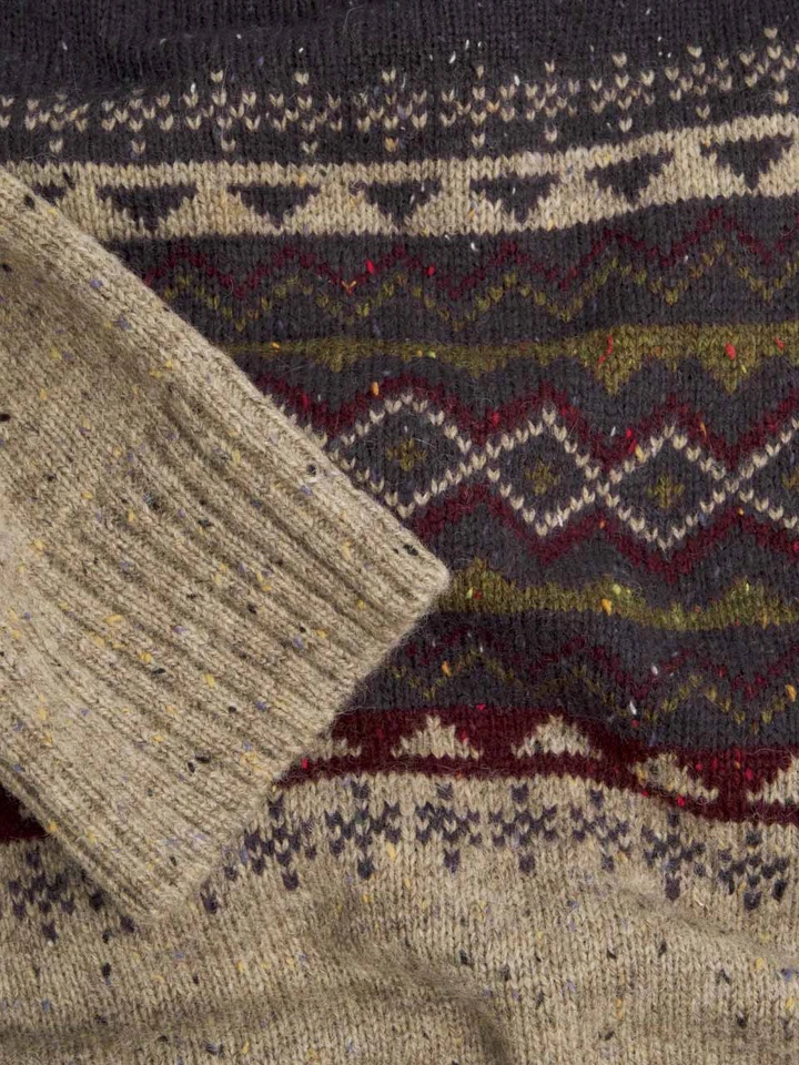Mens Navy & Stone Fairisle Flecked Crew Neck Sweater Closeup