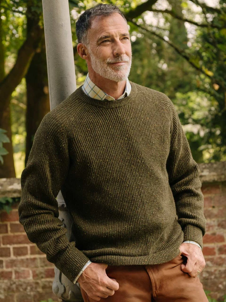 Mens Green Flecked Crew Neck Sweater on Model