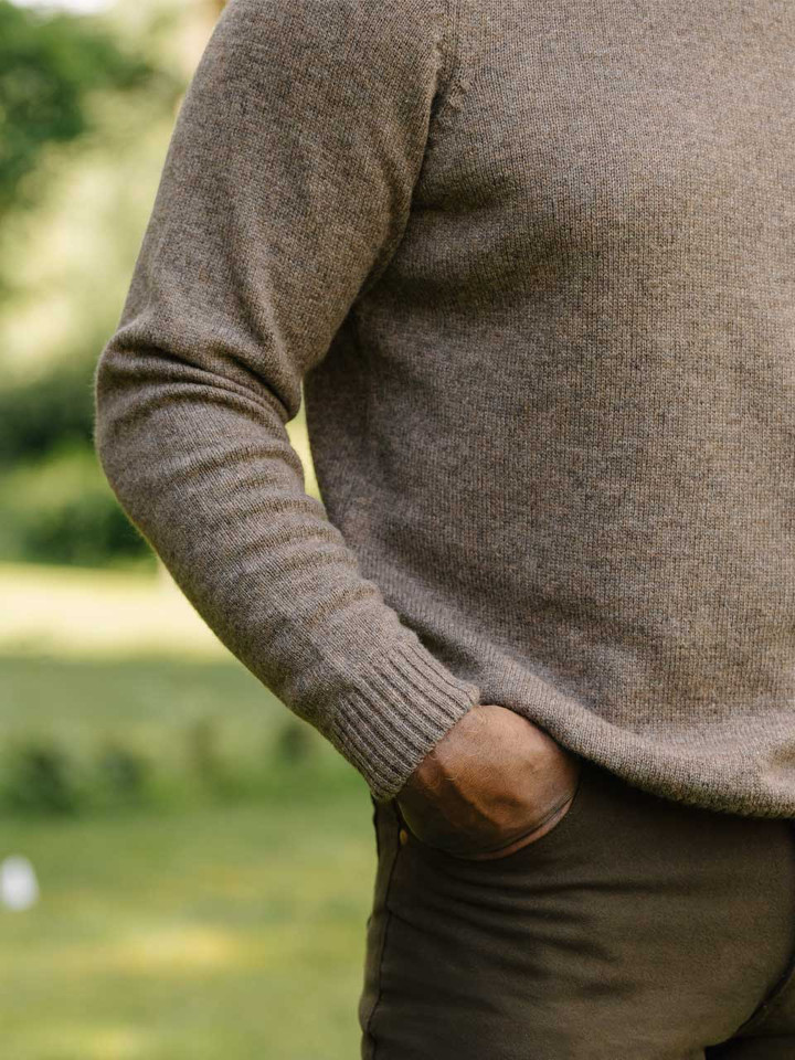 Mens Mushroom Brown Lambswool Roll Neck Sweater on Model