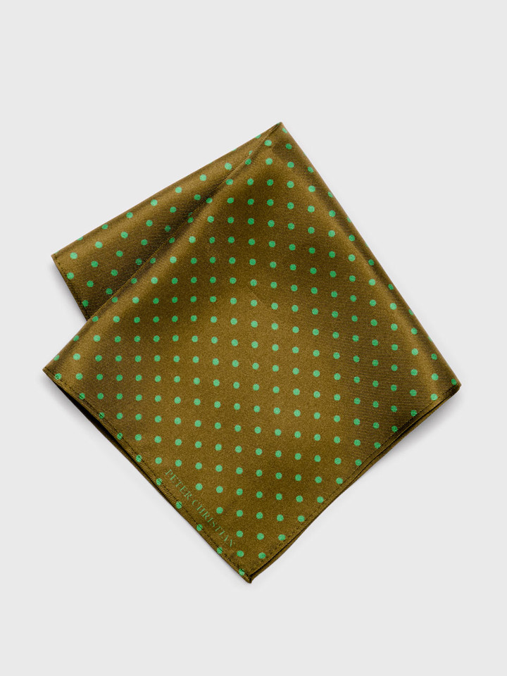 Mens Brown & Green Polka Dot Silk Pocket Square