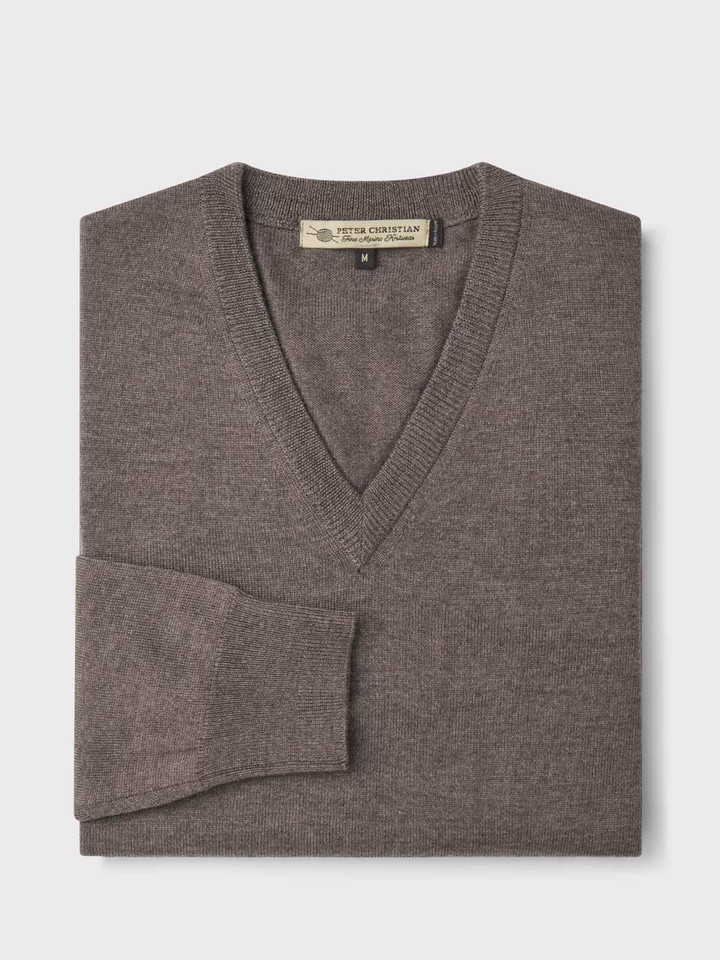 Mens Truffle Merino V-Neck Sweater Folded