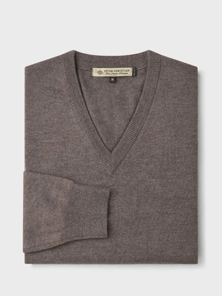 Mens Truffle Merino V-Neck Sweater Folded