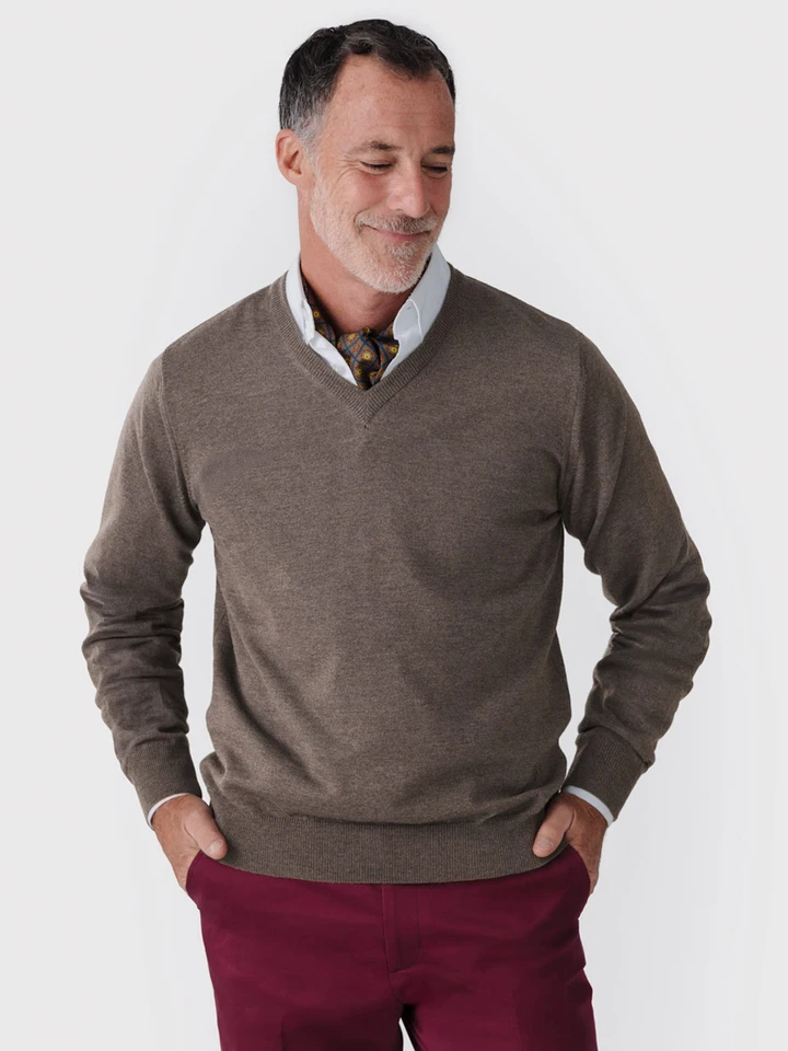 Mens Truffle Merino V-Neck Sweater on Model