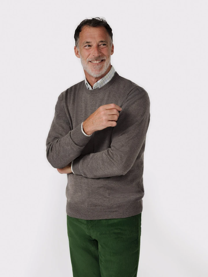 Mens Truffle Merino Crew Neck Sweater on Model
