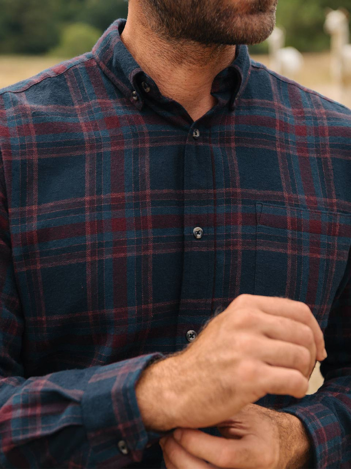 Mens Navy & Burgundy Brushed Check Shirt on Model