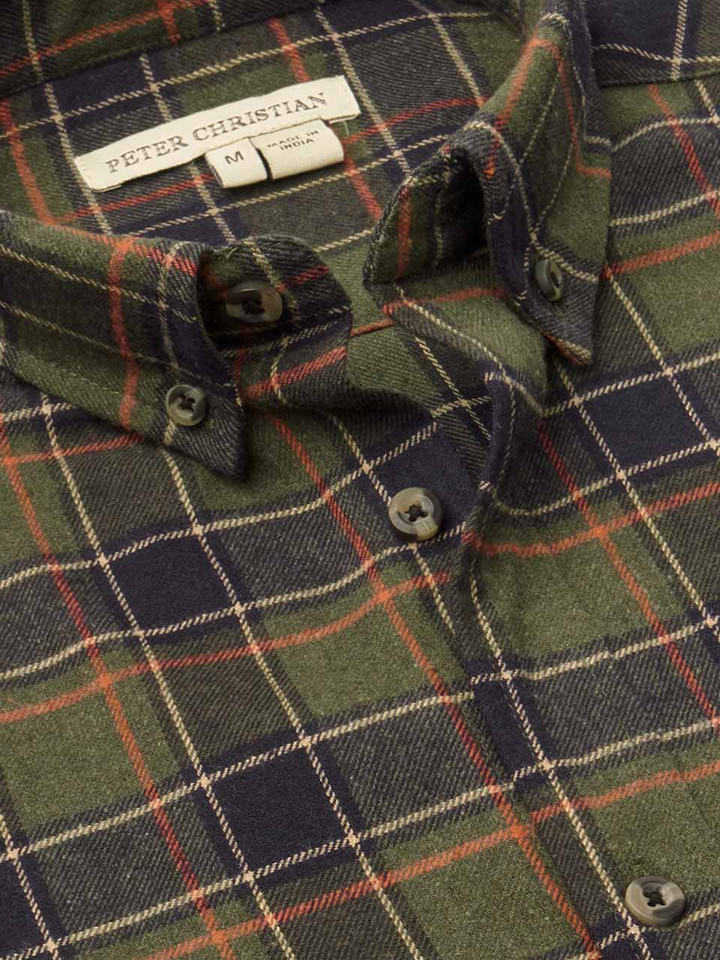 Mens Green & Orange Brushed Check Shirt