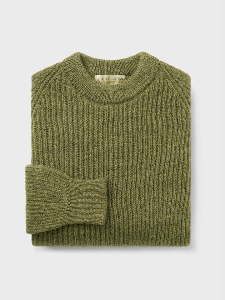 Mens Green Pure Wool Ribbed Fisherman Sweater