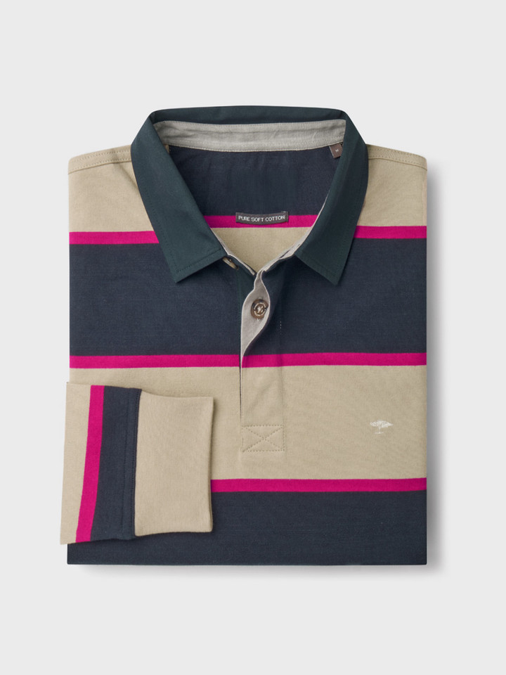 Mens Navy and Stone Striped Rugby Top