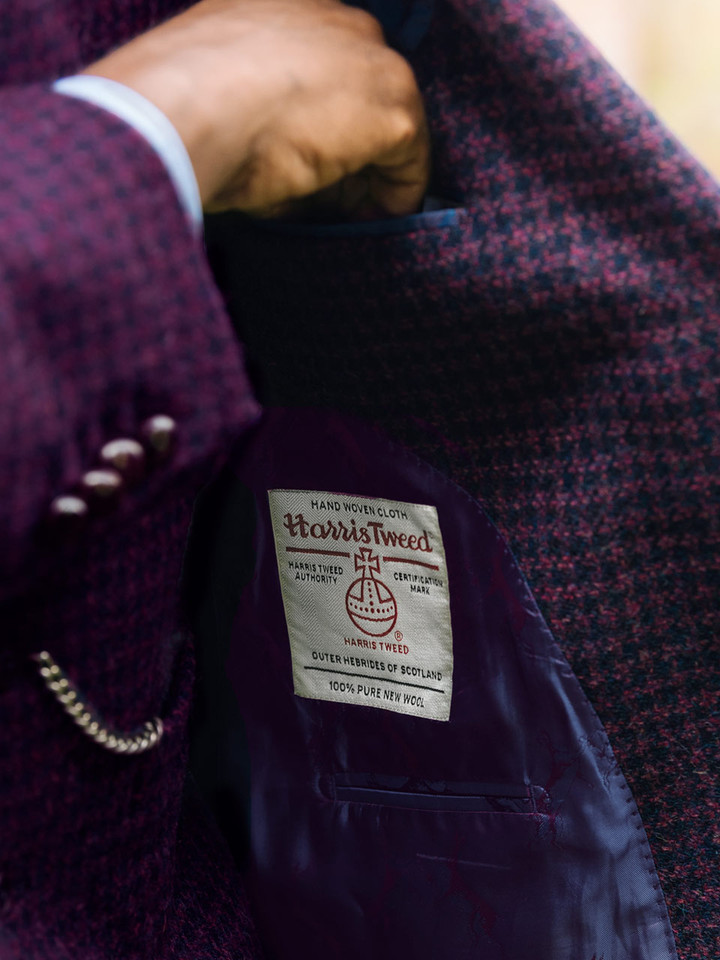 Mens Midnight Harris Tweed® 2 Piece Jacket & Vest on Model Inside Pocket Label