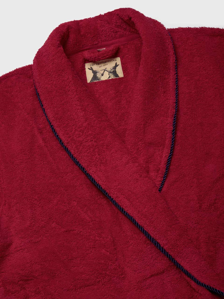 Mens Wine Towelling Dressing Robe Neckline