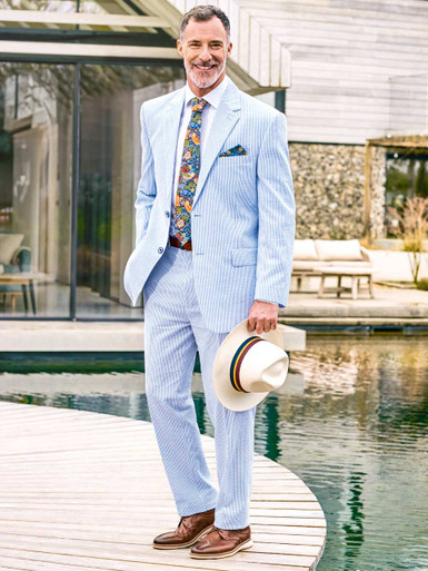 Men's Blue and White Striped Seersucker Suit