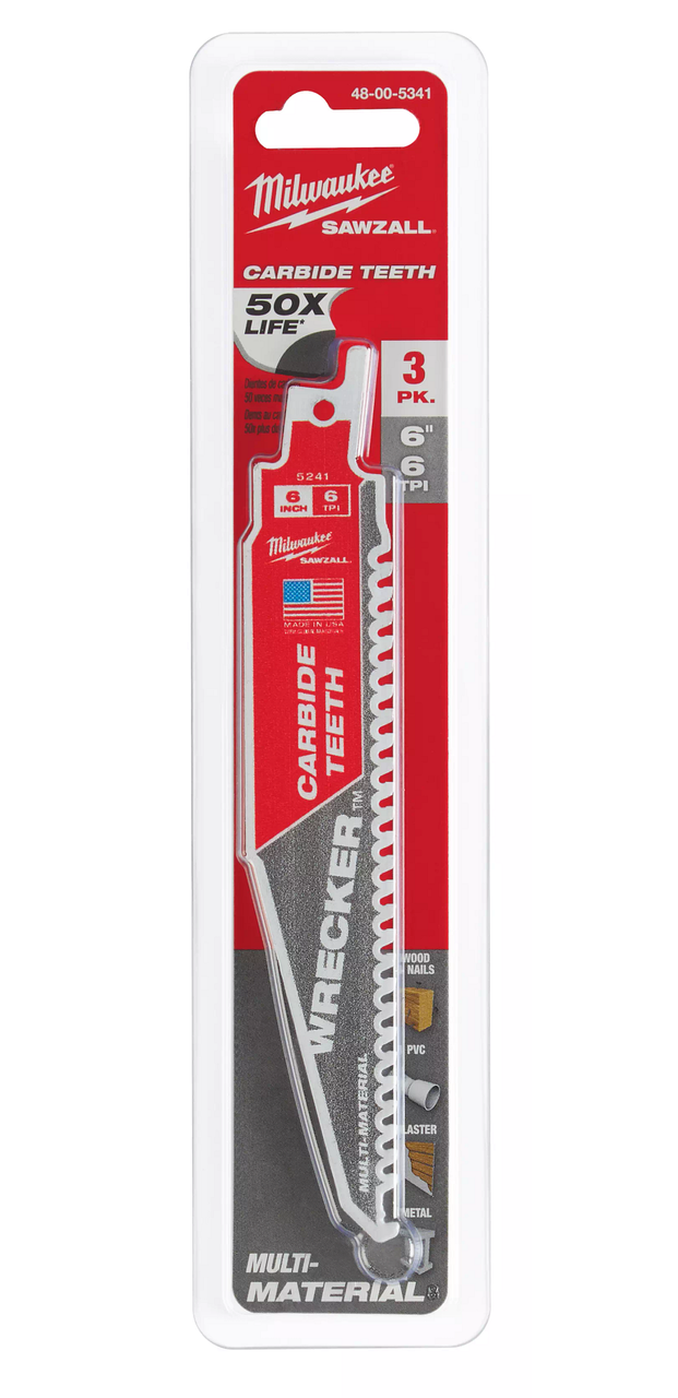 Milwaukee 48-00-5341 6 6 TPI The Wrecker with Carbide Teeth Sawzall Blade 3pk