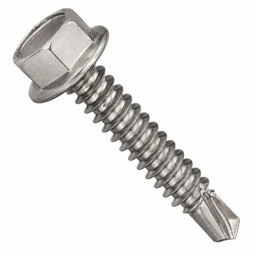 1/4"-14 x 2" Self-Drilling Screws, Unslotted Indent Hex Washer Head HWH, #3 Point BSD, 410 Stainless Steel, Full Thread, Hardened, Qty 200