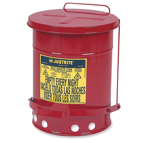 JUSTRITE Oily Waste Can,10 Gal.,Steel,Red 09300