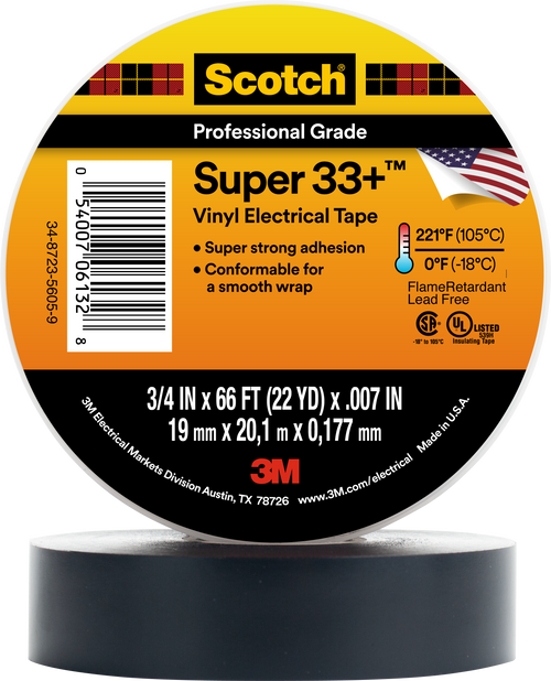 SCOTCH Electrical Tape,7 mil,3/4" x 66 ft.,Blk 33 SUPER-34x66FT