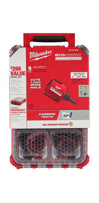 Milwaukee 9 PC BIG HAWG with Carbide Teeth Hole Saw Kit w/ PACKOUT Compact Organizer - 49-56-9295