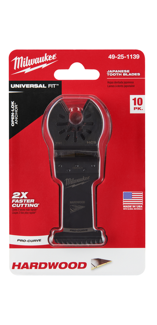 Milwaukee 49-25-1139 OPEN-LOK 1-3/8" HCS Japanese Tooth PRO-CURVE Hardwood Multi-Tool Blades 10PK Milwaukee 49-25-1139 OPEN-LOK 1-3/8" HCS Japanese Tooth PRO-CURVE Hardwood Multi-Tool Blades 10PK