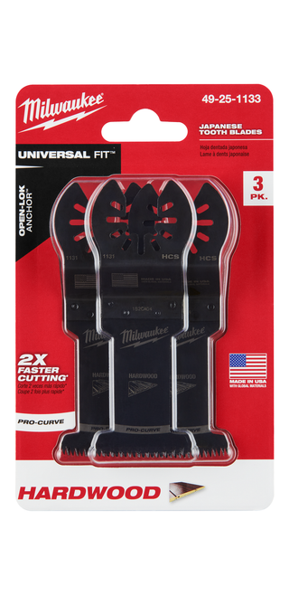 Milwaukee 49-25-1133 OPEN-LOK 1-3/8" HCS Japanese Tooth PRO-CURVE Hardwood Multi-Tool Blades 3PK Milwaukee 49-25-1133 OPEN-LOK 1-3/8" HCS Japanese Tooth PRO-CURVE Hardwood Multi-Tool Blades 3PK