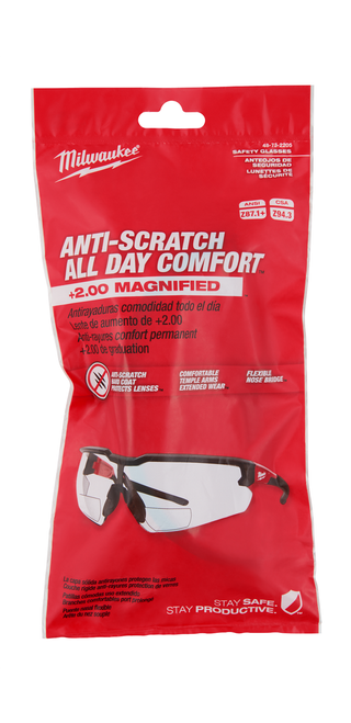 Milwaukee 48-73-2205 Safety Glasses - +2.00 Magnified Clear Anti-Scratch Lenses (Polybag)
