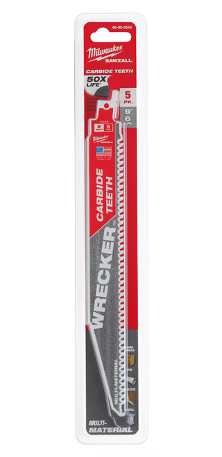 Milwaukee 48-00-5542 9" 6 TPI THE WRECKER with Carbide Teeth SAWZALL Blade 5PK Milwaukee 48-00-5542 9" 6 TPI THE WRECKER with Carbide Teeth SAWZALL Blade 5PK