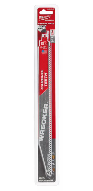 Milwaukee 48-00-5343 12" 6 TPI THE WRECKER with Carbide Teeth SAWZALL Blade 3PK Milwaukee 48-00-5343 12" 6 TPI THE WRECKER with Carbide Teeth SAWZALL Blade 3PK
