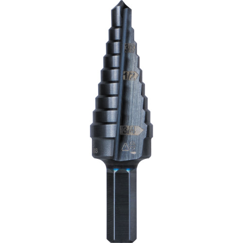 Klein Tools KTSB03 9-Step Drill Bit, 3/8-Inch Hex, Double Straight Flute, 1/4-Inch to 3/4-Inch