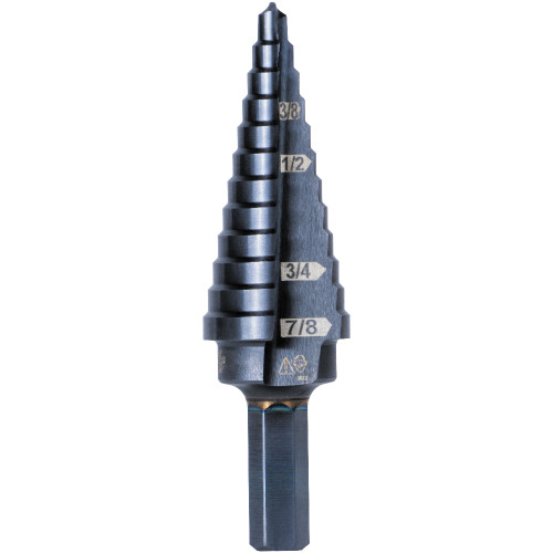 Klein Tools KTSB14 12-Step Drill Bit, 3/8-Inch Hex, Double Straight Flute, 3/16-Inch to 7/8-Inch