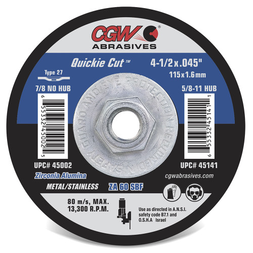 CGW ABRASIVES 41/2X.045X5/8-11 T27 ZA60SBF 45141