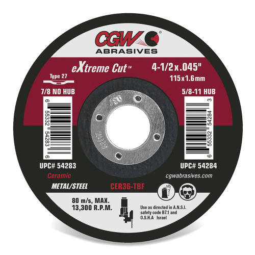 CGW ABRASIVES 41/2X.045X7/8 T27 CER36-T-BF 54283