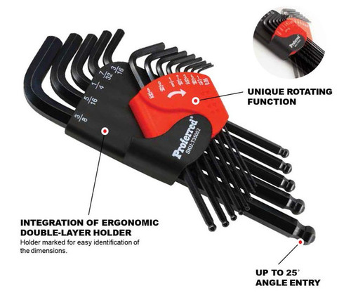 13 Piece (SAE 0.05 -3/8") SAE Black Finish Proferred Long Arm Ball Point Hex Key Set, Qty 1