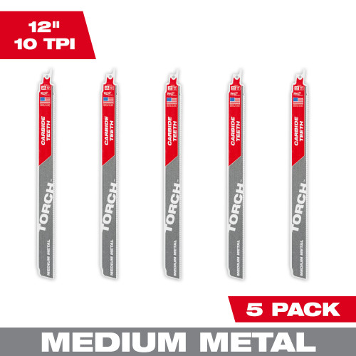 Milwaukee 48-00-5553 12" 10TPI The TORCH with Carbide Teeth for Medium Metal 5PK Milwaukee 48-00-5553 12" 10TPI The TORCH with Carbide Teeth for Medium Metal 5PK