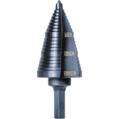 Klein Tools KTSB15 3-Step Drill Bit, 3/8-Inch Hex, Double Straight Flute, 7/8-Inch to 1-3/8-Inch