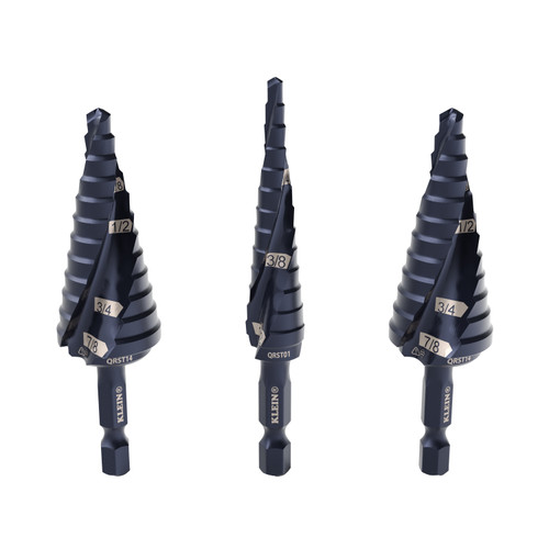 Klein Tools QRST2S Step Drill Bit Set, Quick-Release, Double Fluted, 3-Piece