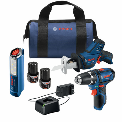 Bosch GXL12V-310B22 12V Max 3-Tool Combo Kit with 3/8 In. Drill/Driver, Pocket Reciprocating Saw and LED Worklight