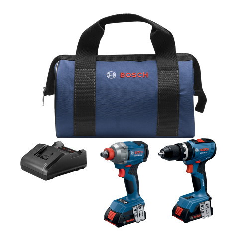 Bosch GXL18V-241B22 18V 2-Tool Combo Kit with 1/2 In. Hammer Drill/Driver, Two-In-One 1/4 In. and 1/2 In. Bit/Socket Impact Driver/Wrench and (2) 2 Ah Standard Power Batteries