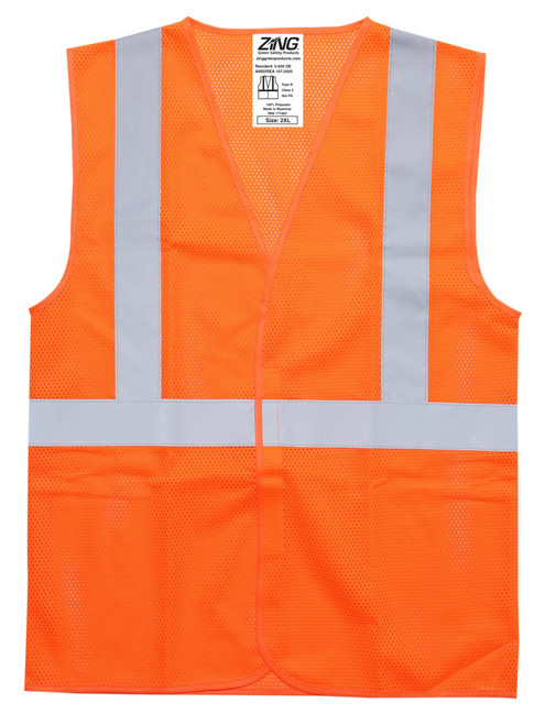 Zing V-200 OE L Hi-Vis Class 2 Mesh Safety Vest, Hook and Loop, No Pockets, Orange, Size L