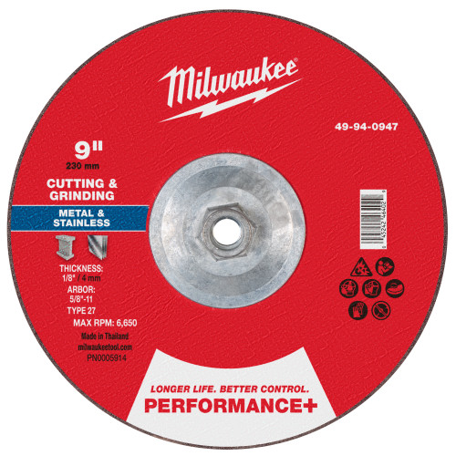 Milwaukee 49-94-0947 9" x 1/8" x 5/8"-11 Performance+ Dual Metal Cut & Grind Wheel - Type 27, 10 Pack