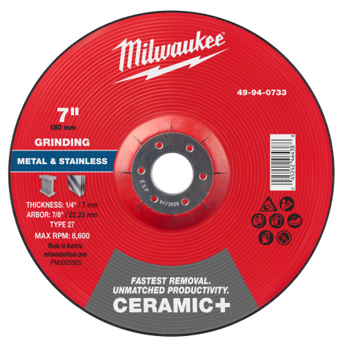Milwaukee 49-94-0733 7" x 1/4" x 7/8" Ceramic+ Metal Grinding Wheel - Type 27, 10 Pack