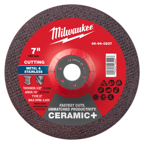 Milwaukee 49-94-0237 7" x 3/32" x 7/8" Ceramic+ Metal Cut Off Wheel -Type 27, 25 Pack