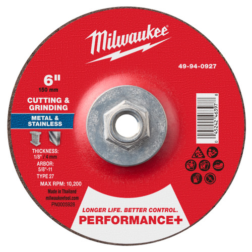 Milwaukee 49-94-0927 6" x 1/8" x 5/8"-11 Performance+ Dual Metal Cut & Grind Wheel - Type 27, 10 Pack