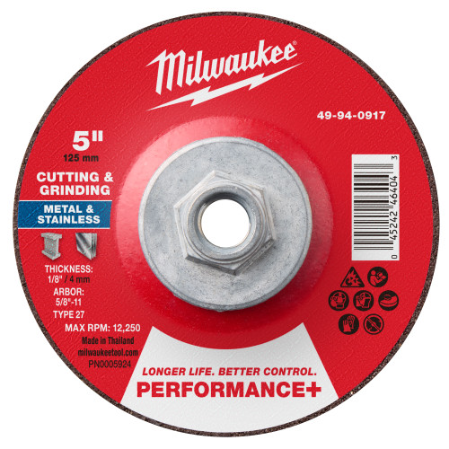 Milwaukee 49-94-0917 5" x 1/8" x 5/8"-11 Performance+ Dual Metal Cut & Grind Wheel - Type 27, 10 Pack