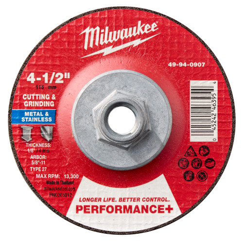 Milwaukee 49-94-0907 4-1/2" x 1/8" x 5/8-11" Performance+ Dual Metal Cut & Grind Wheel - Type 27, 10 Pack