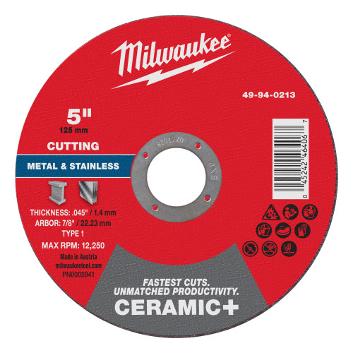 Milwaukee 49-94-0213 5" x .045" x 7/8" Ceramic+ Metal Cut Off Wheel -Type 1, 25 Pack