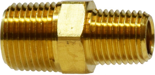 Midland Metal 28222 Reducing Hex Nipple, 3/8 in MNPTF x 1/4 in MNPTF, 1.41 in, Brass