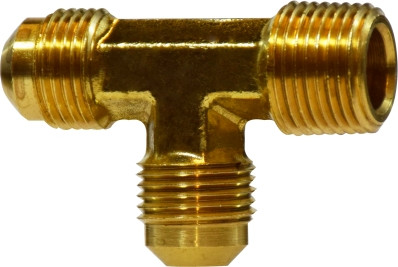 Midland Metal 10344B Barstock Run Tee, 1/4 in SAE 45 deg Male Flared x 1/8 in Male NPTF x 1/4 in, Brass