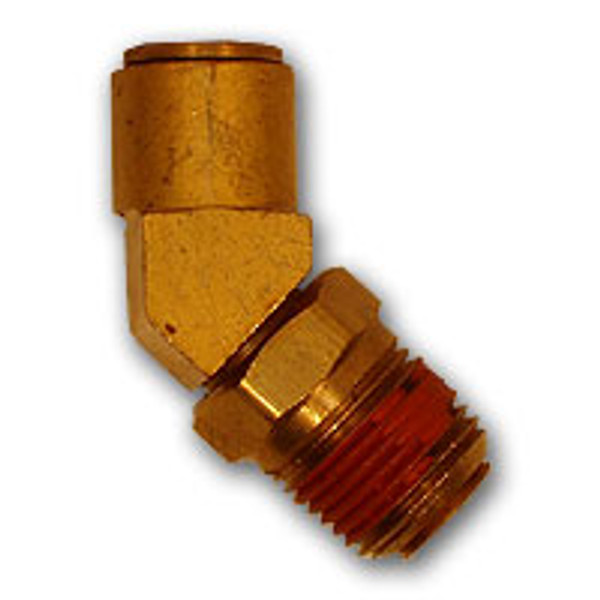 Midland Metal 20139 45 deg Elbow, 1/4 in Push-In x 1/8 in MIP Swivel, Brass