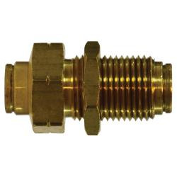 MID-AMERICA FITTINGS MQ82-4 Bulkhead Union, 1/4 in Push-In x 1/4 in Push-In, Brass
